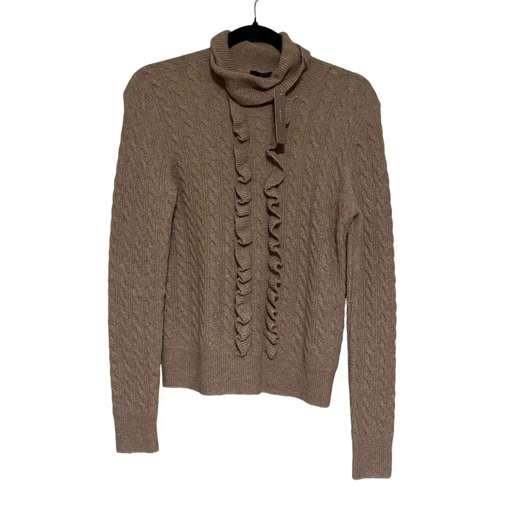J.Crew Wool Alpaca Blend Ruffled Cable Knit Turtleneck Sweater Beige Size XS - Picture 2 of 9